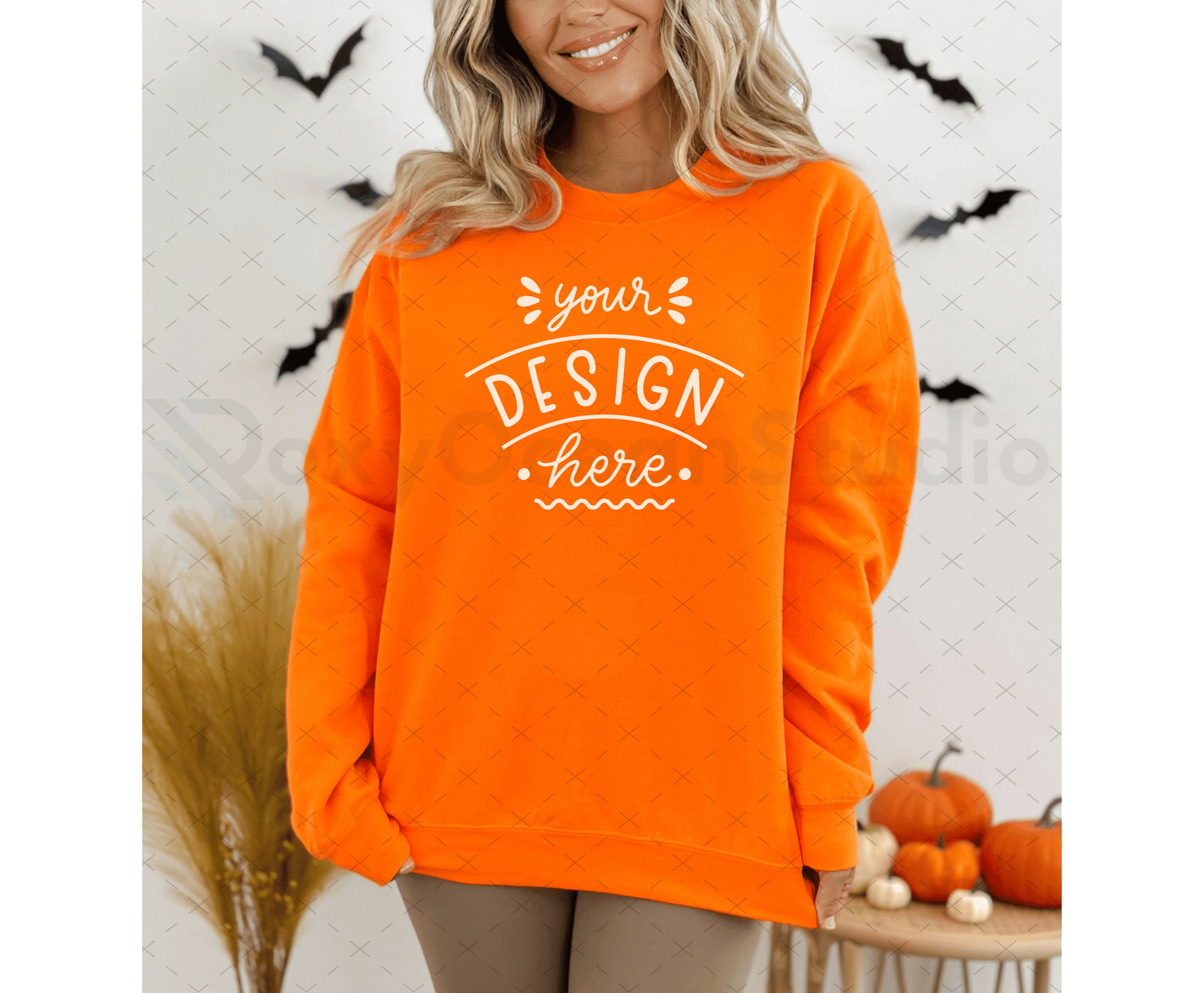 Gildan 18000 Mockup – Orange Sweatshirt on Model | Fall & Halloween Theme | Style 8