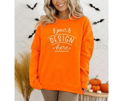 Gildan 18000 Mockup – Orange Sweatshirt on Model | Fall & Halloween Theme | Style 8