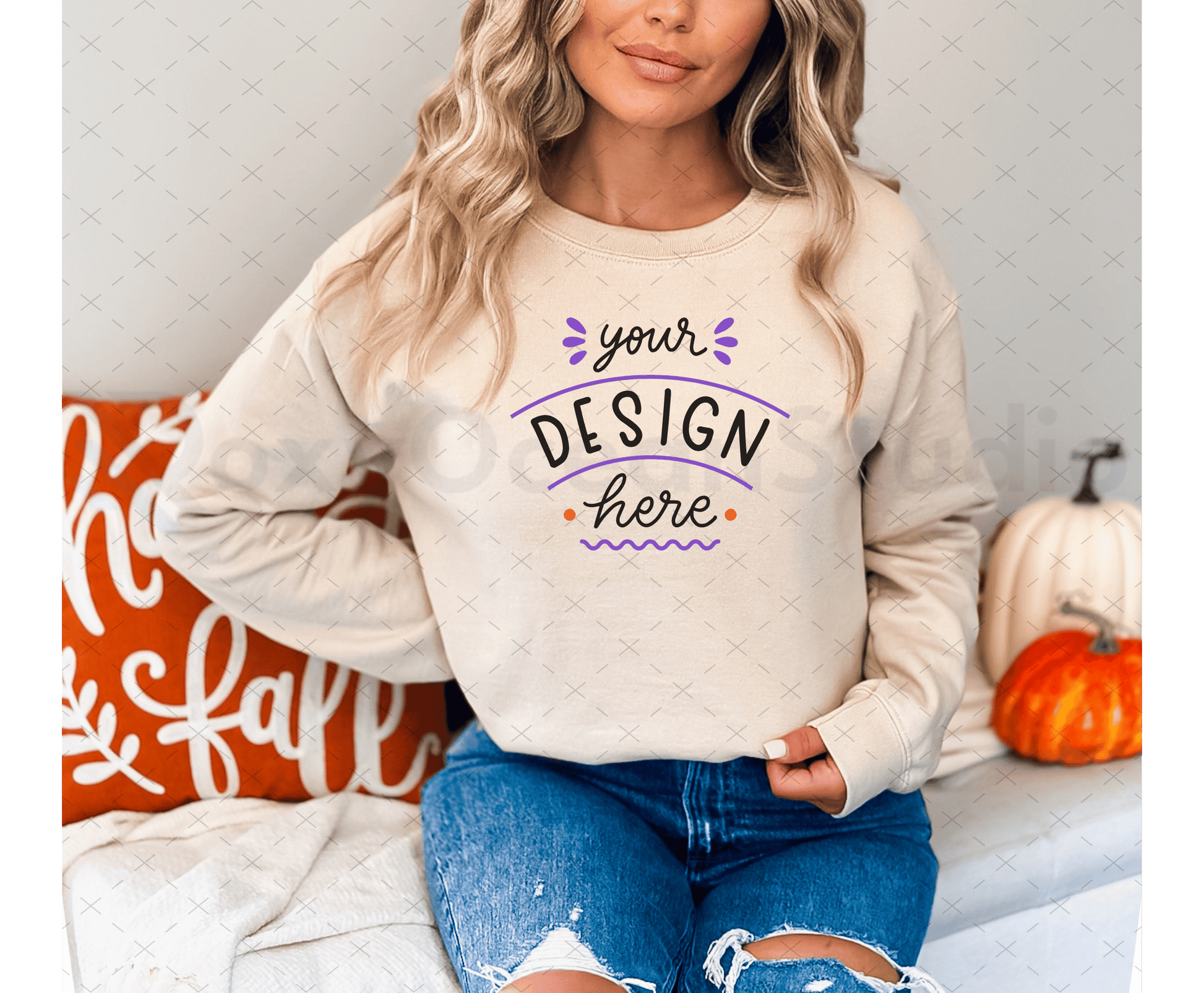 Gildan 18000 Mockup – Sand Sweatshirt on Model | Fall & Halloween Theme | Style 2