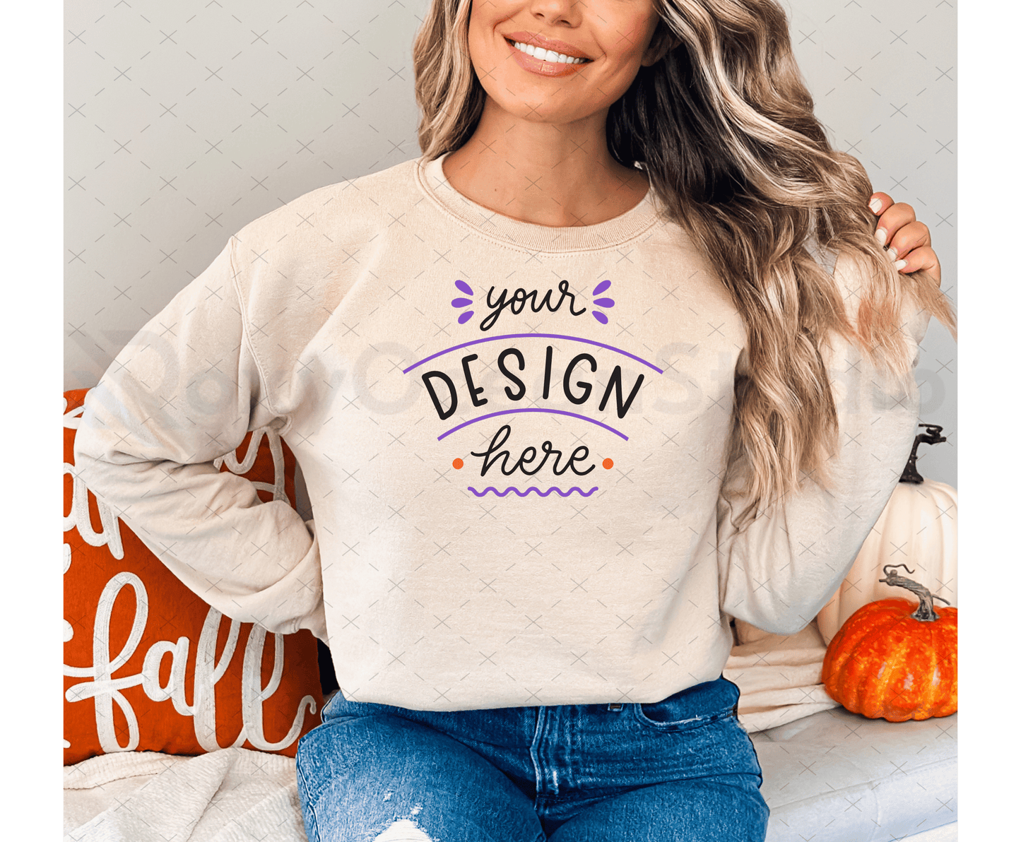 Gildan 18000 Mockup – Sand Sweatshirt on Model | Fall & Halloween Theme | Style 1