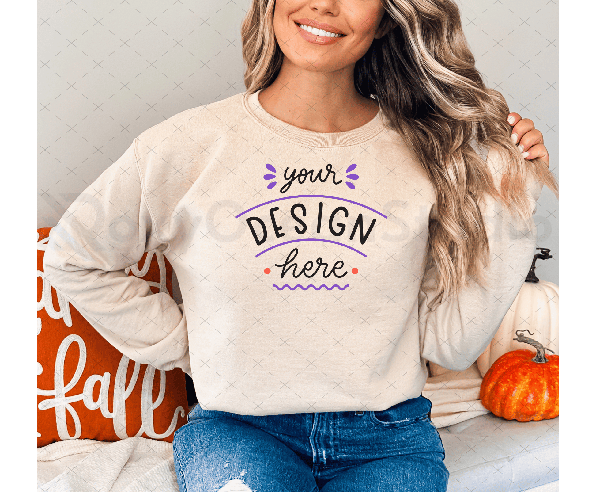 Gildan 18000 Mockup – Sand Sweatshirt on Model | Fall & Halloween Theme | Style 1