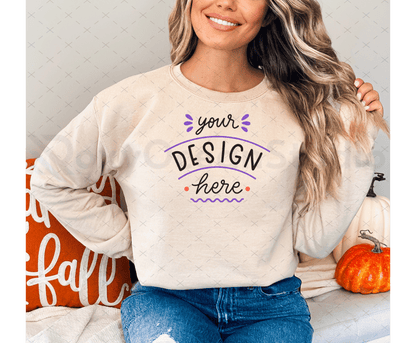 Gildan 18000 Mockup – Sand Sweatshirt on Model | Fall & Halloween Theme | Style 1