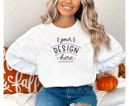 Gildan 18000 Mockup – White Sweatshirt on Model | Fall & Halloween Theme | Style 8