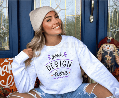 Gildan 18000 Mockup – White Sweatshirt on Model | Fall & Halloween Theme | Style 1