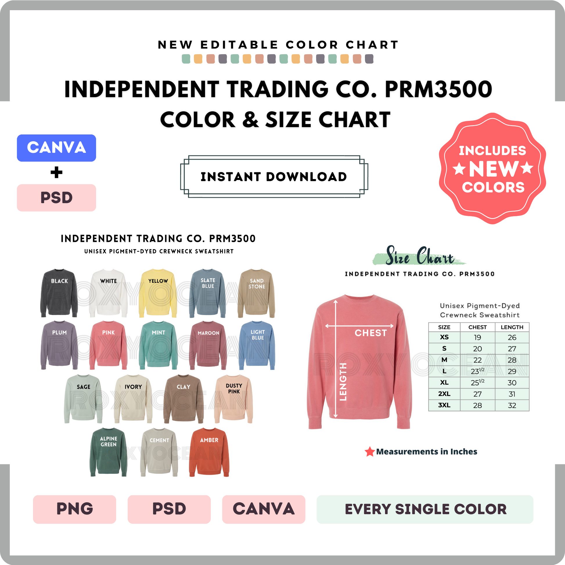 Independent Trading Co.PRM3500 Color and Size Chart