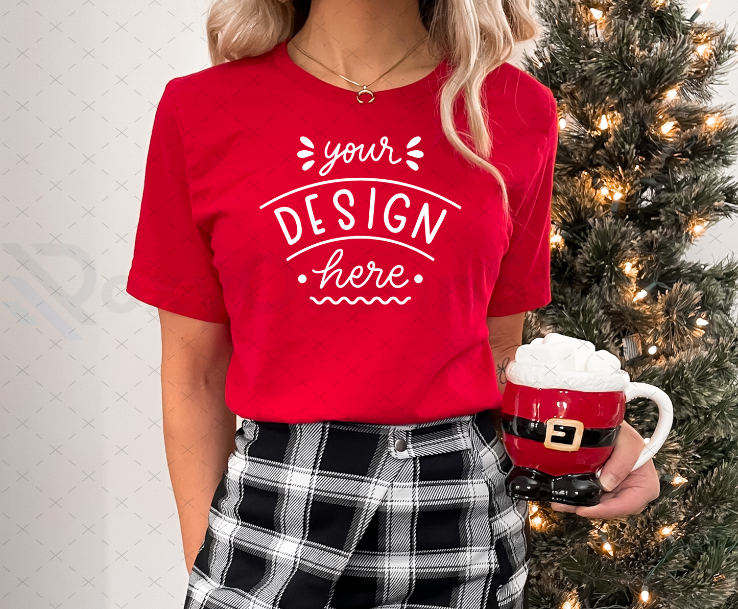 Bella Canvas 3001 Mockup – Red T-Shirt on Model | Christmas & Holidays Theme | Style 2