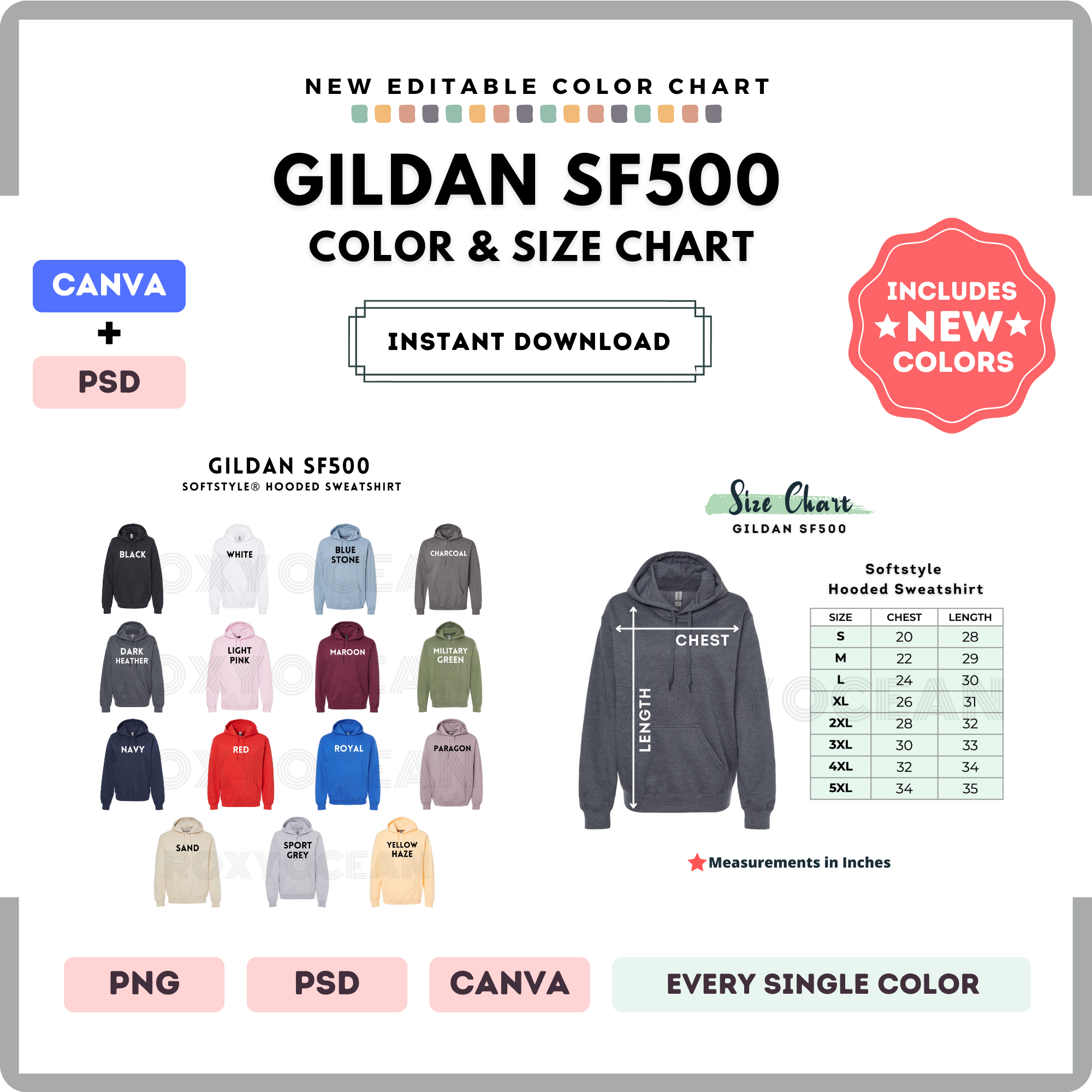 Gildan SF500 EDITABLE Color + Size Chart | CANVA + PSD – RoxyOceanStudio