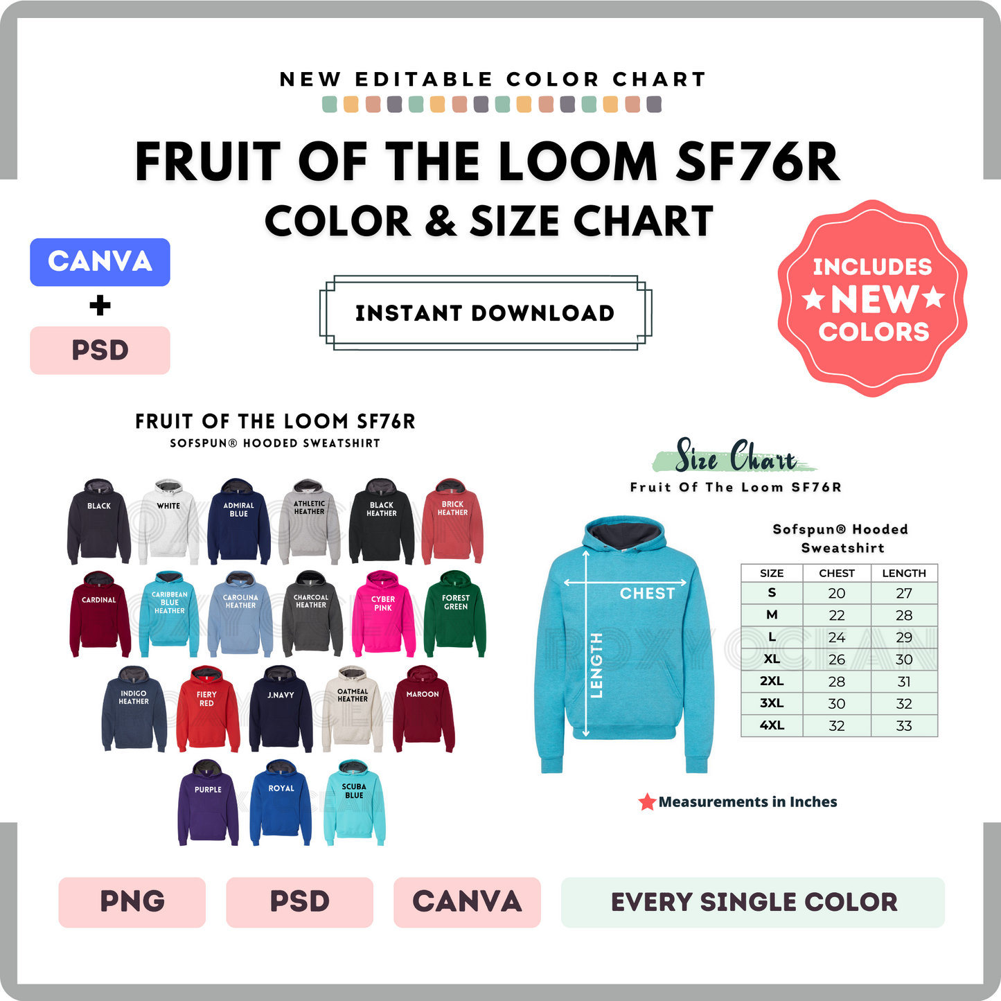 Fruit Of The Loom SF76R Color and Size Chart