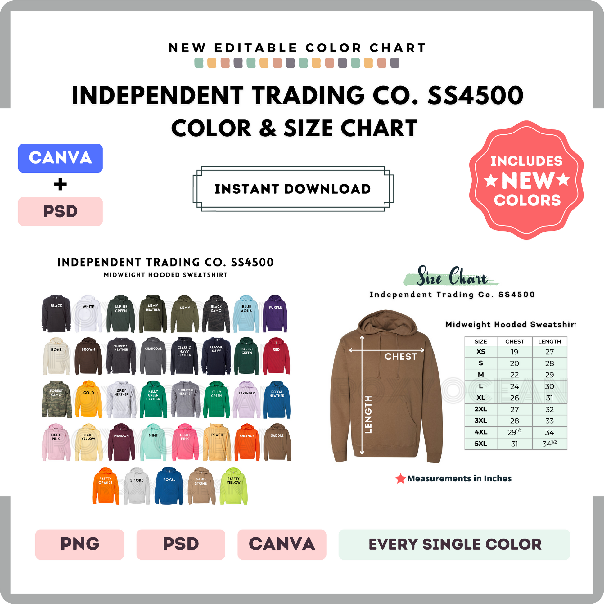 Independent Trading Co. SS4500 Color and Size Chart