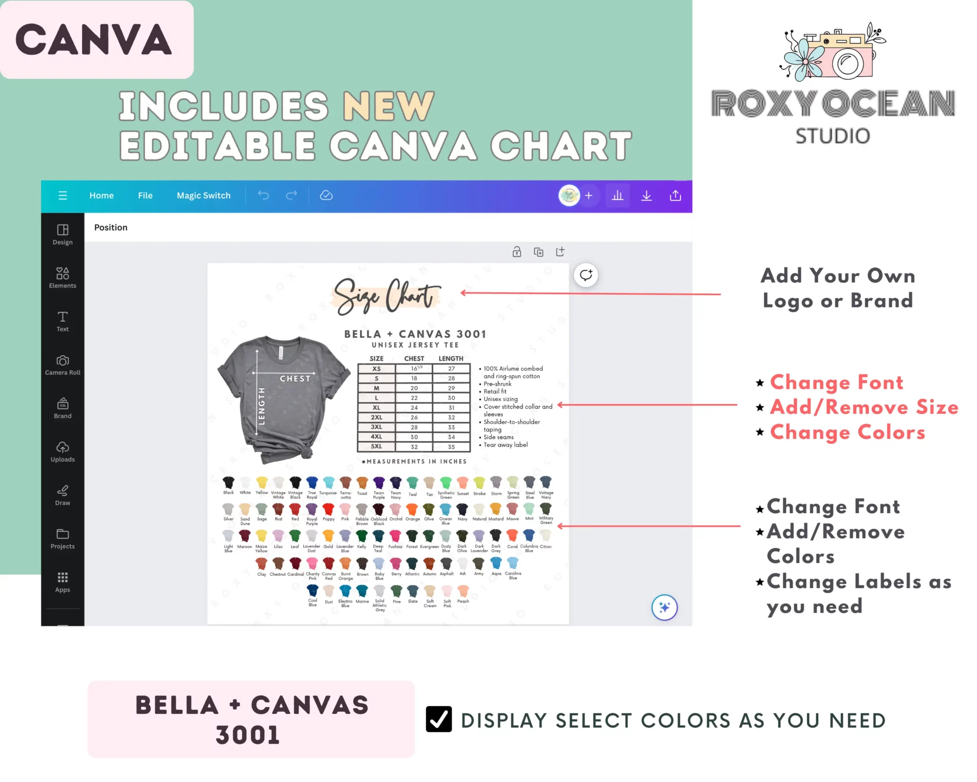 Editable Bella + Canvas 3001 Size + Color Chart - Image 2