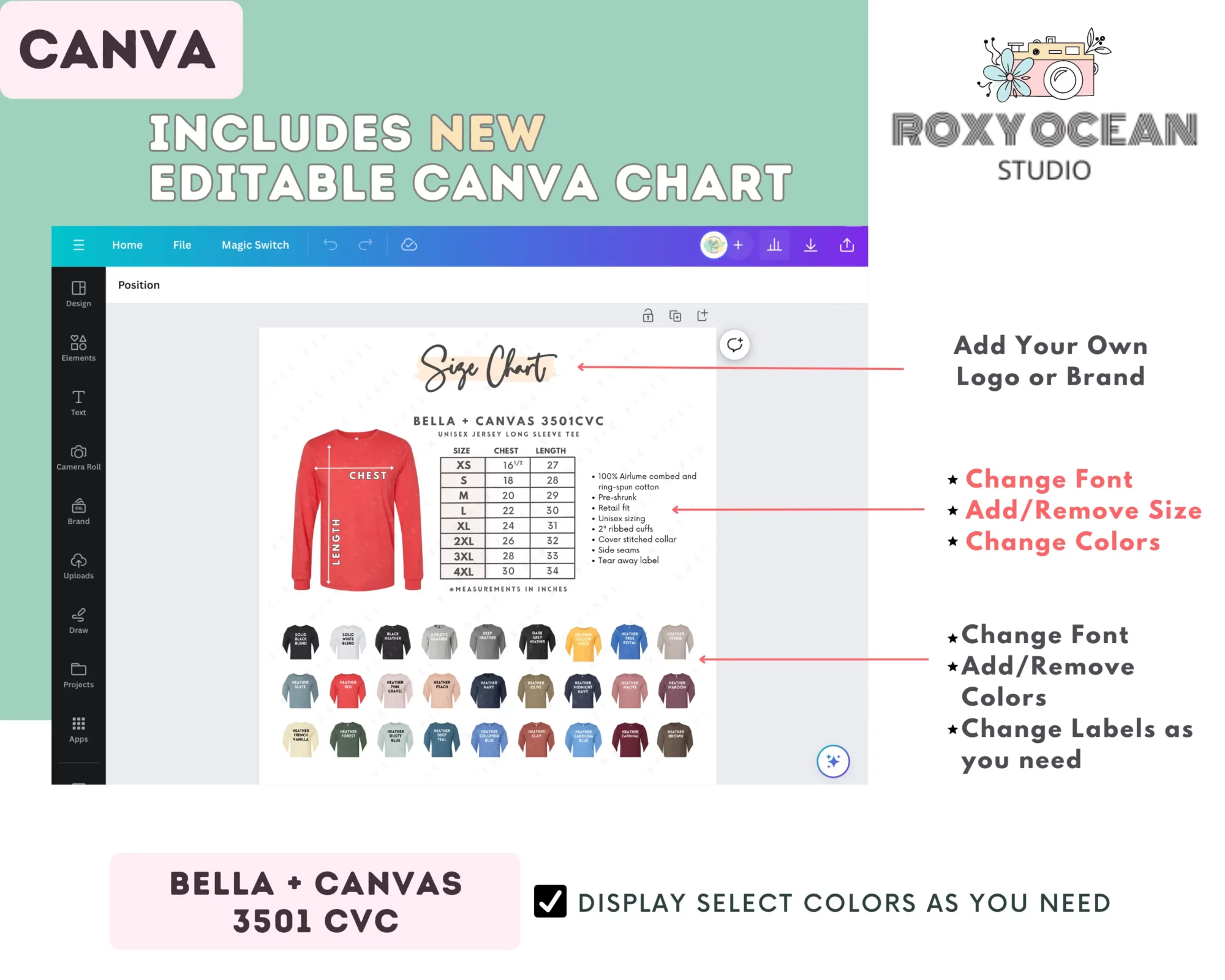 Editable Bella Canvas 3501 CVC Size + Color Chart - Image 2