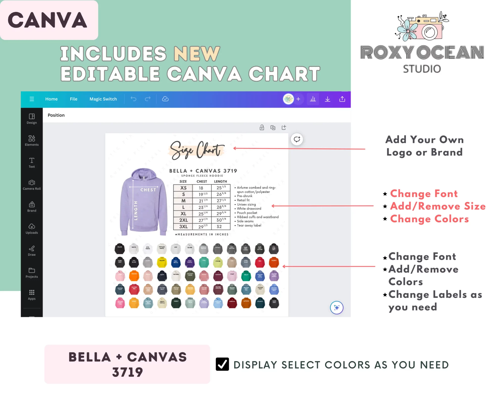 Editable Bella Canvas 3719 Size + Color Chart - Image 2