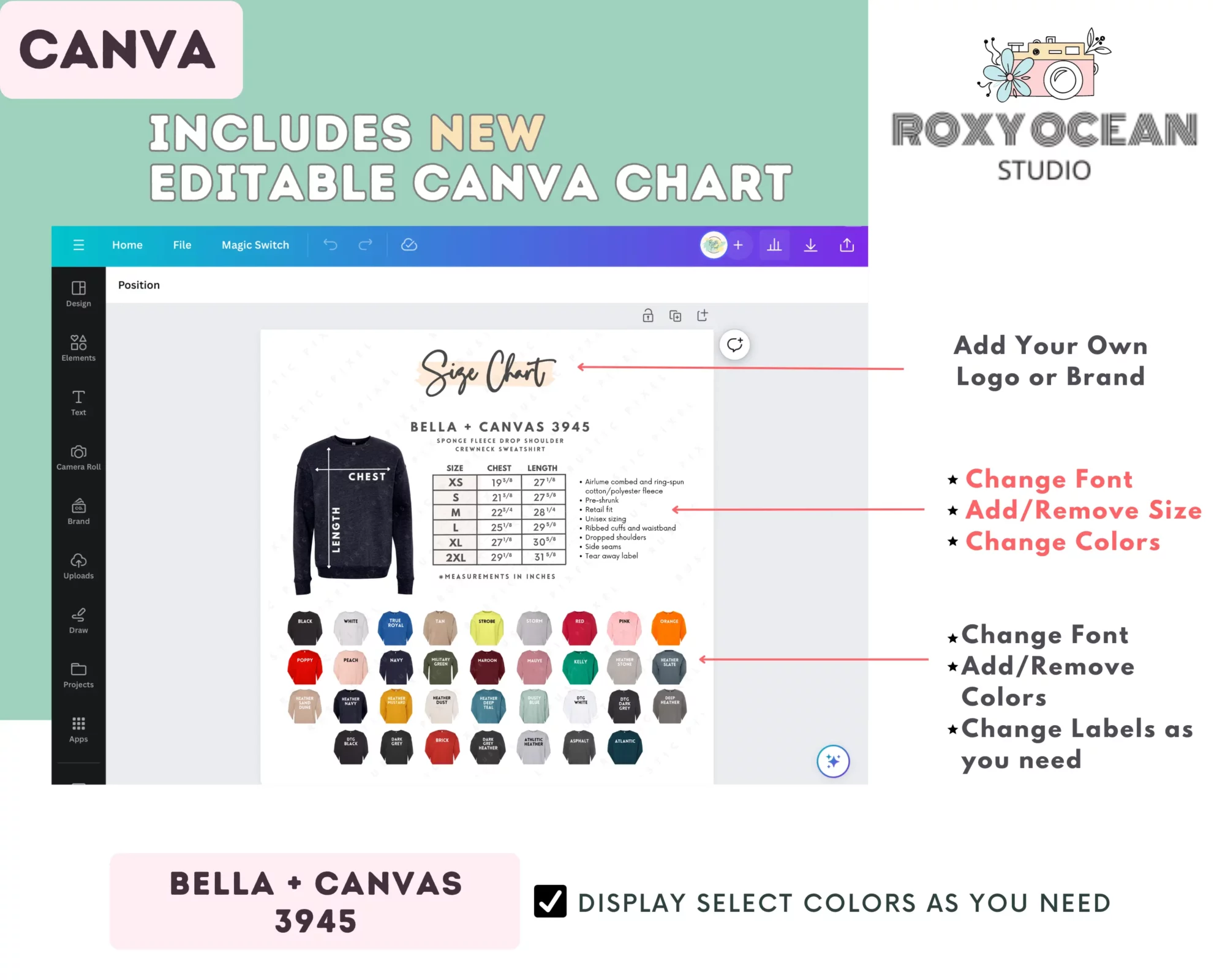 Editable Bella Canvas 3945 Size + Color Chart - Image 2