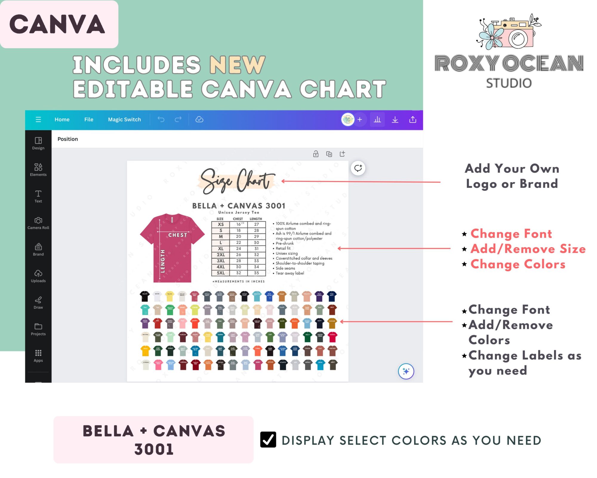 Editable Bella + Canvas 3001 Size + Color Chart - Image 2