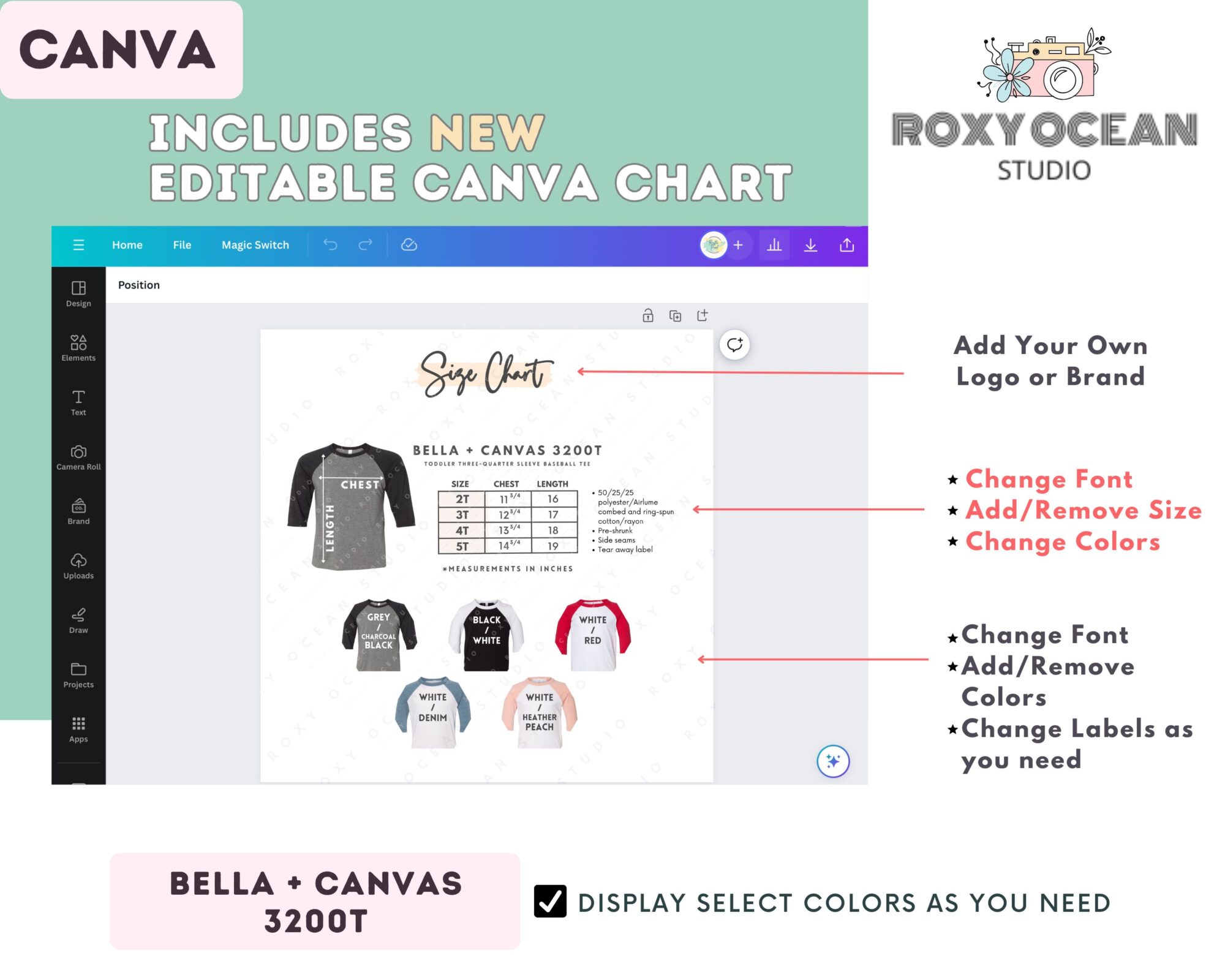 Editable Bella Canvas 3200T Size + Color Chart - Image 2