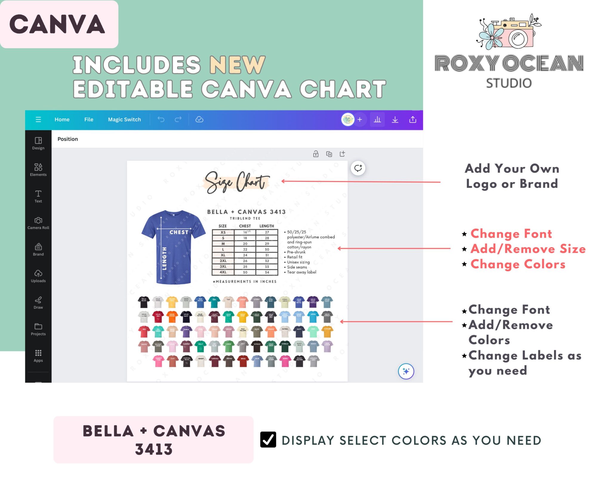 Editable Bella Canvas 3413 Size + Color Chart - Image 2