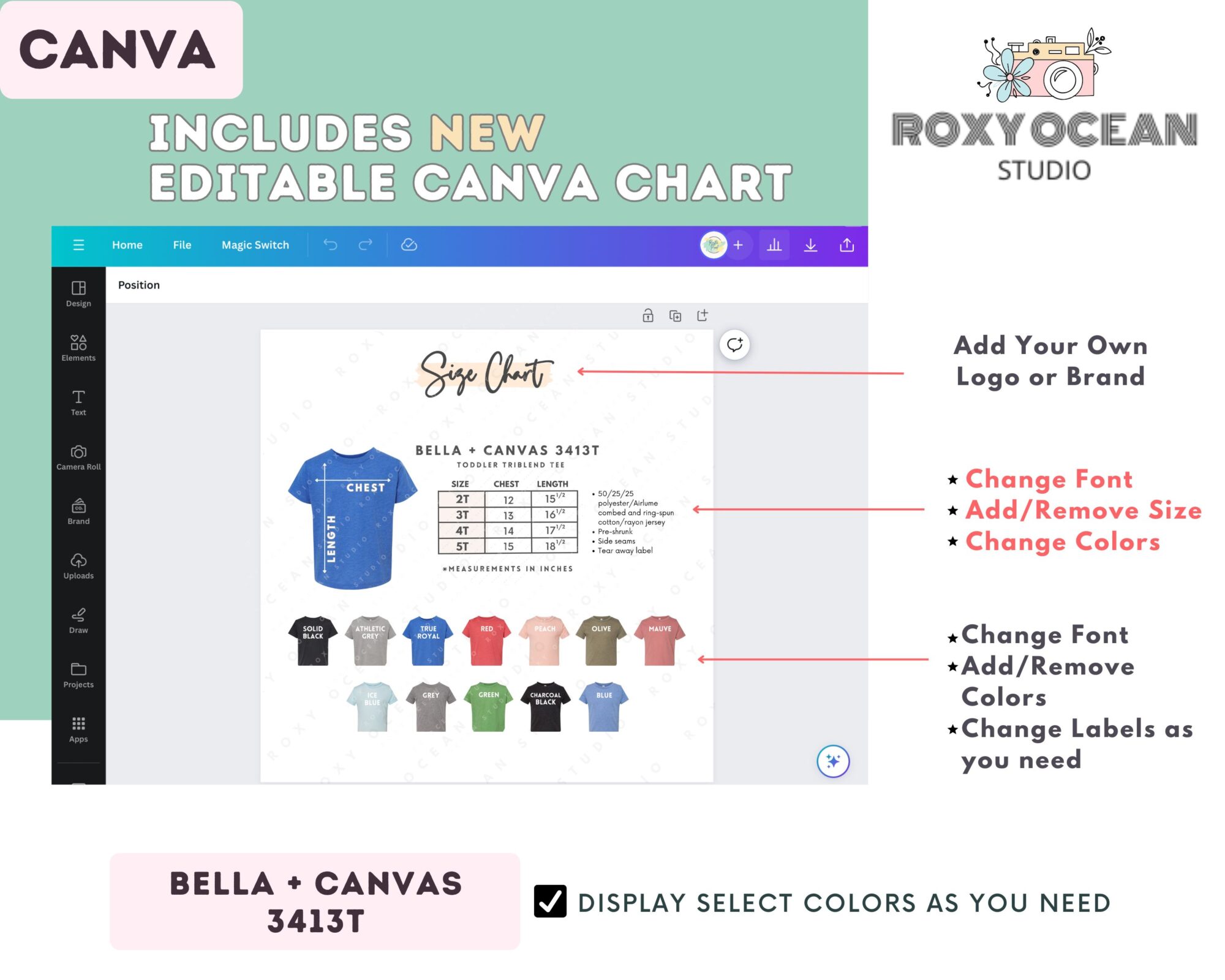 Editable Bella Canvas 3413T Size + Color Chart - Image 2