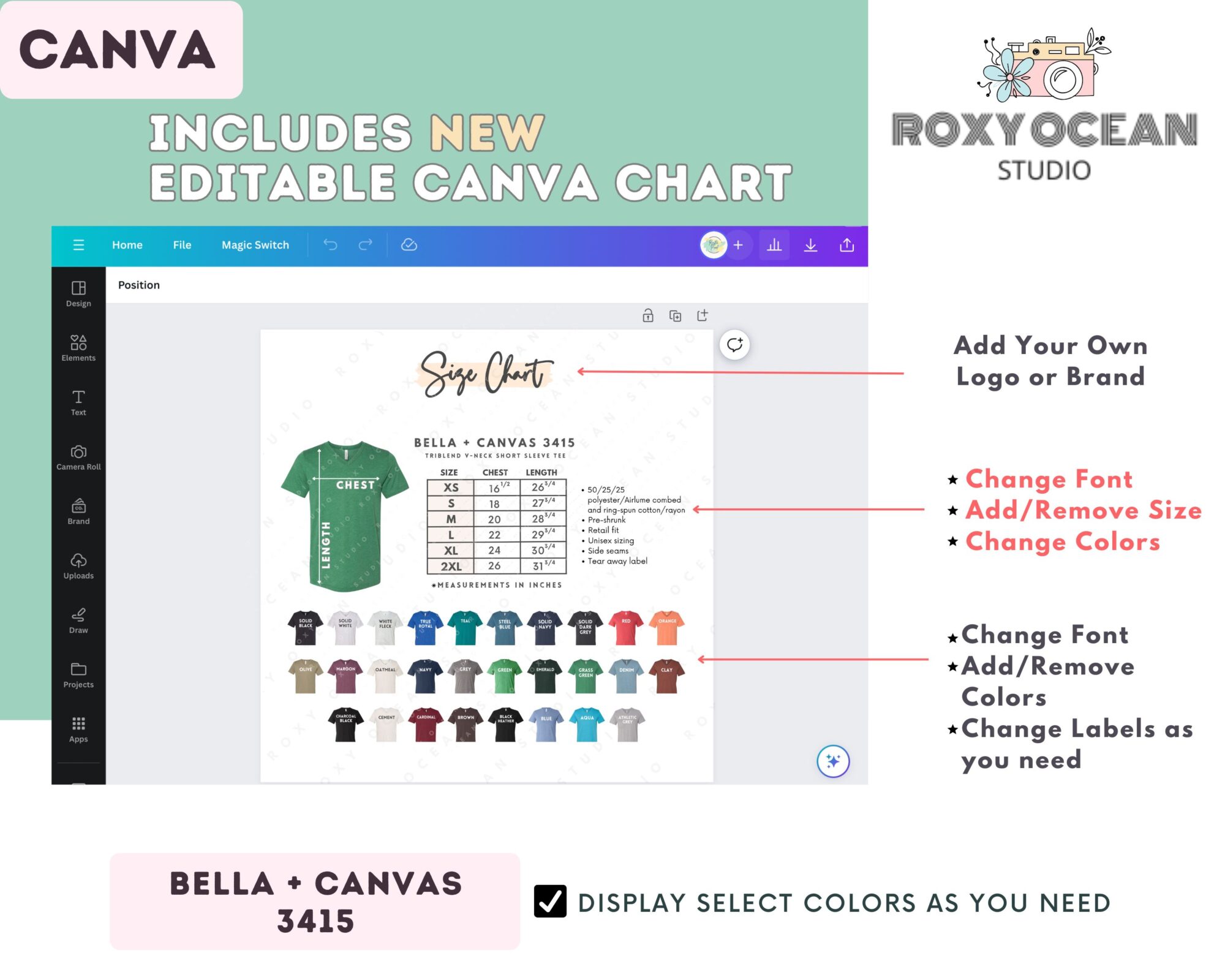 Editable Bella Canvas 3415 Size + Color Chart - Image 2