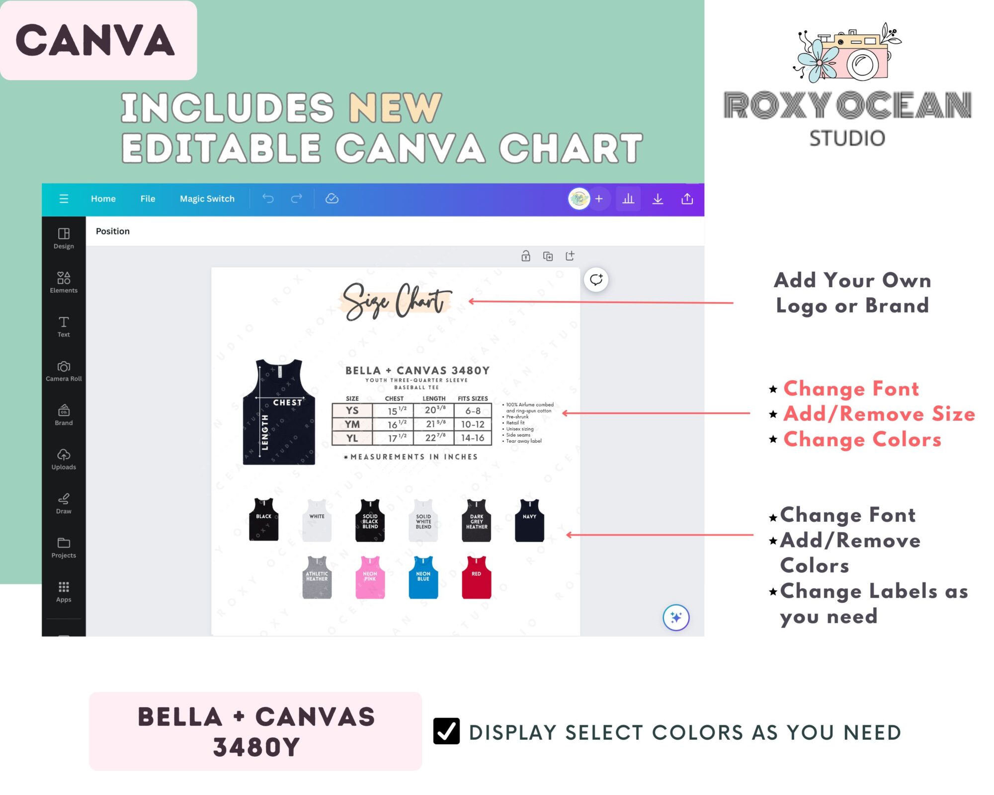 Editable Bella Canvas 3480Y Size + Color Chart - Image 2