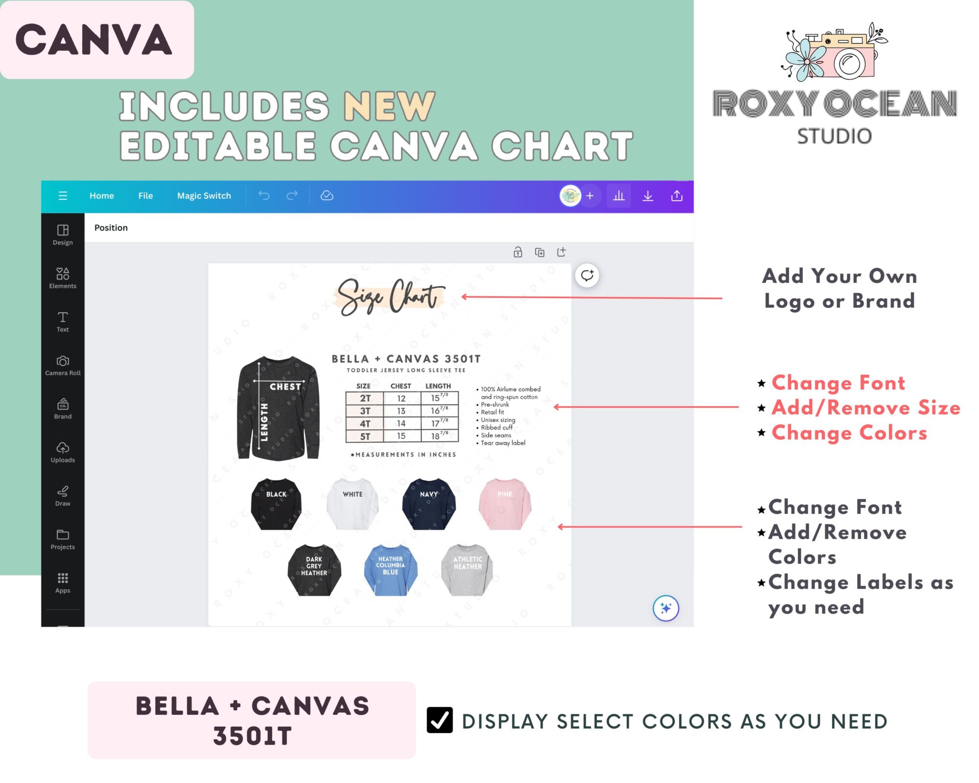 Editable Bella Canvas 3501T Size + Color Chart - Image 2