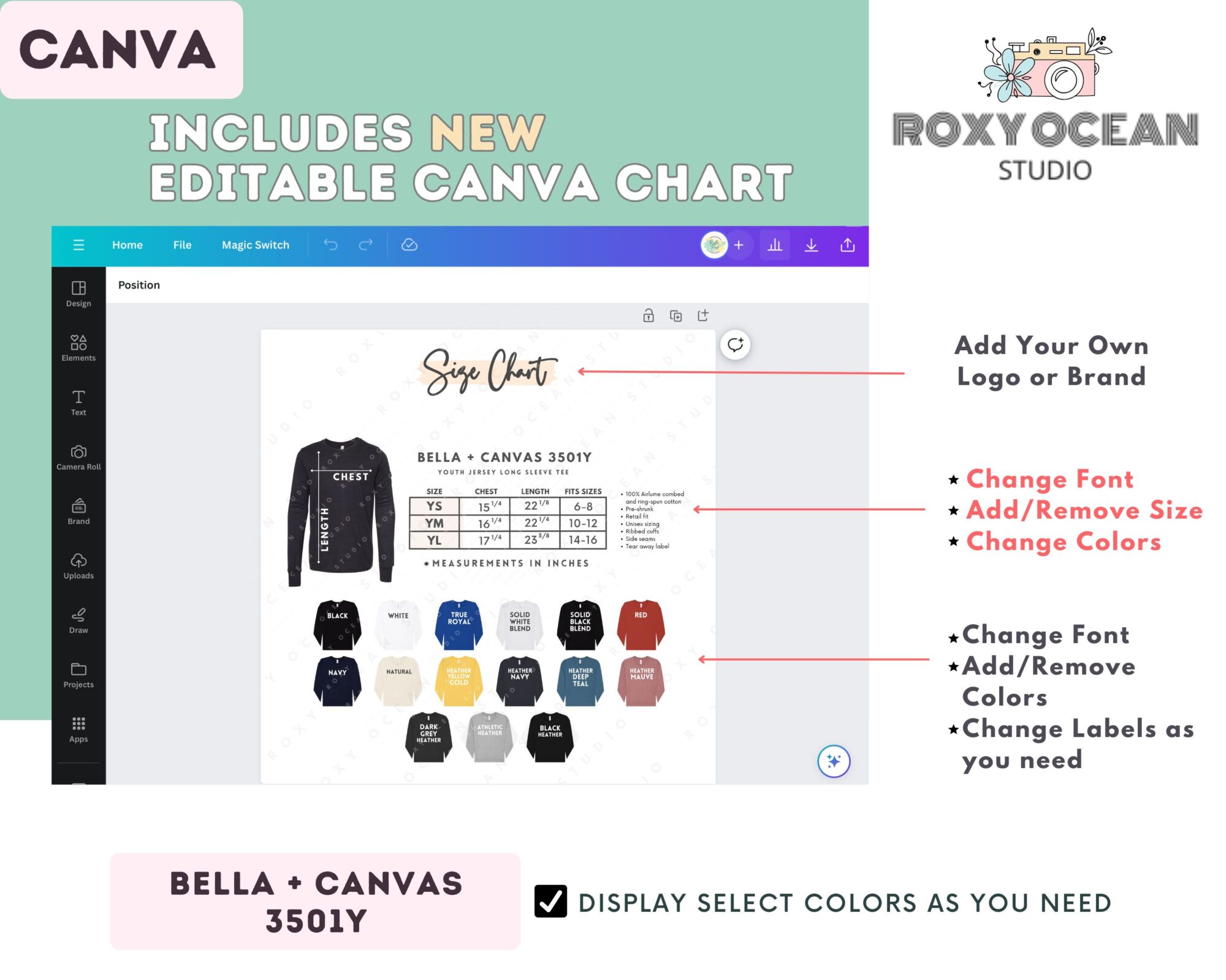 Editable Bella Canvas 3501Y Size + Color Chart - Image 2