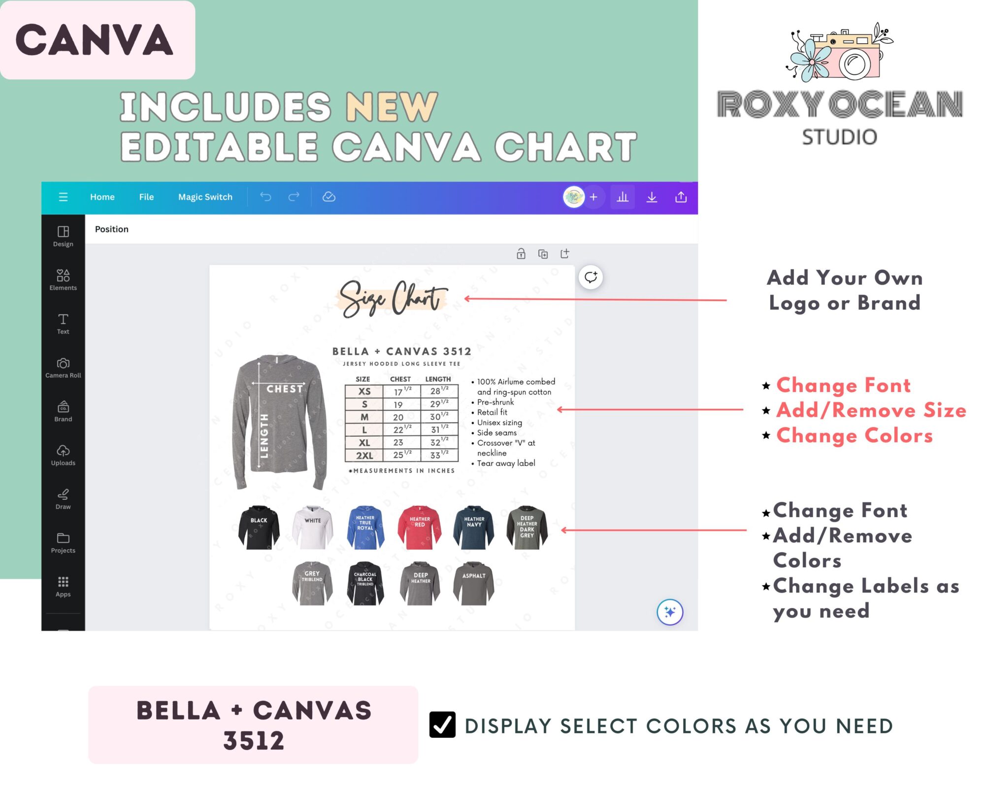 Editable Bella Canvas 3512 Size + Color Chart - Image 2