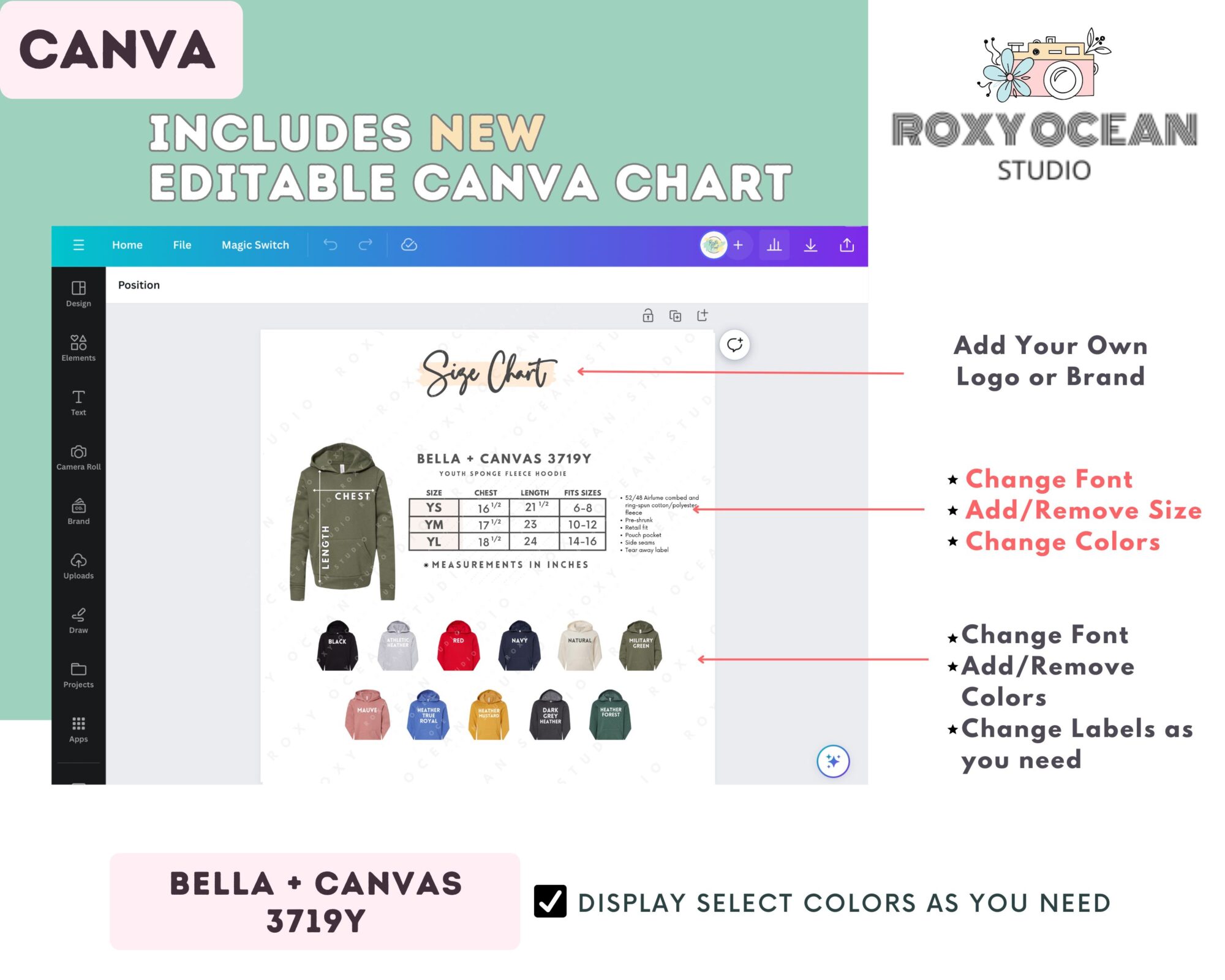 Editable Bella Canvas 3719Y Size + Color Chart - Image 2