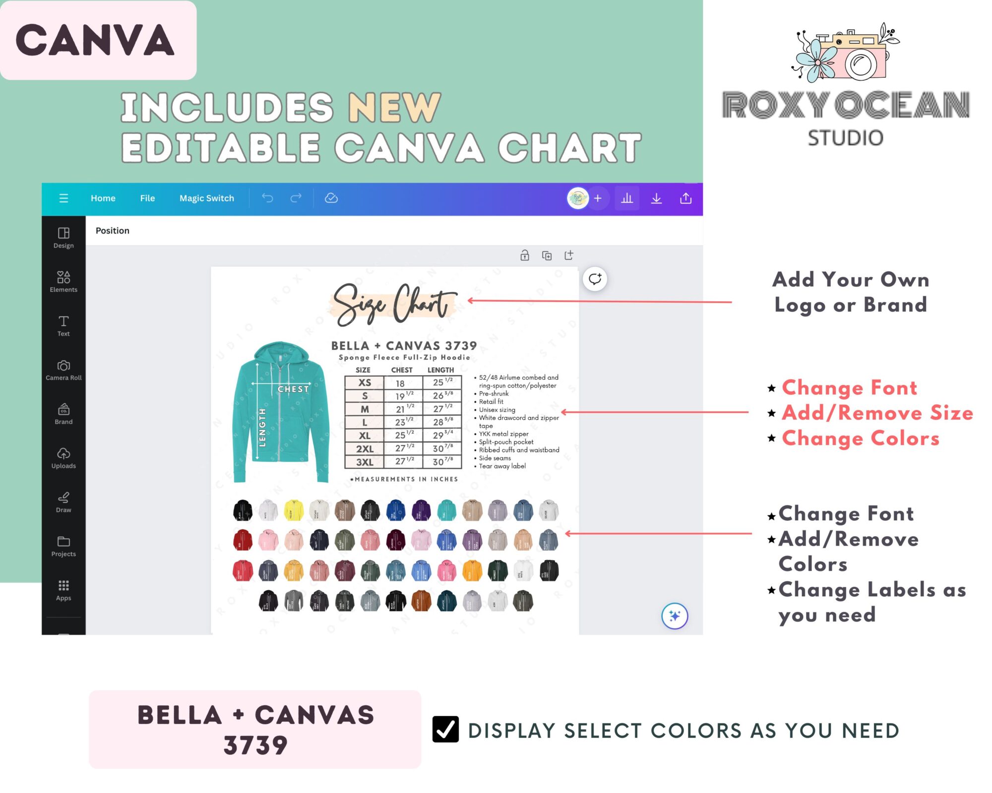 Editable Bella Canvas 3739 Size + Color Chart - Image 2