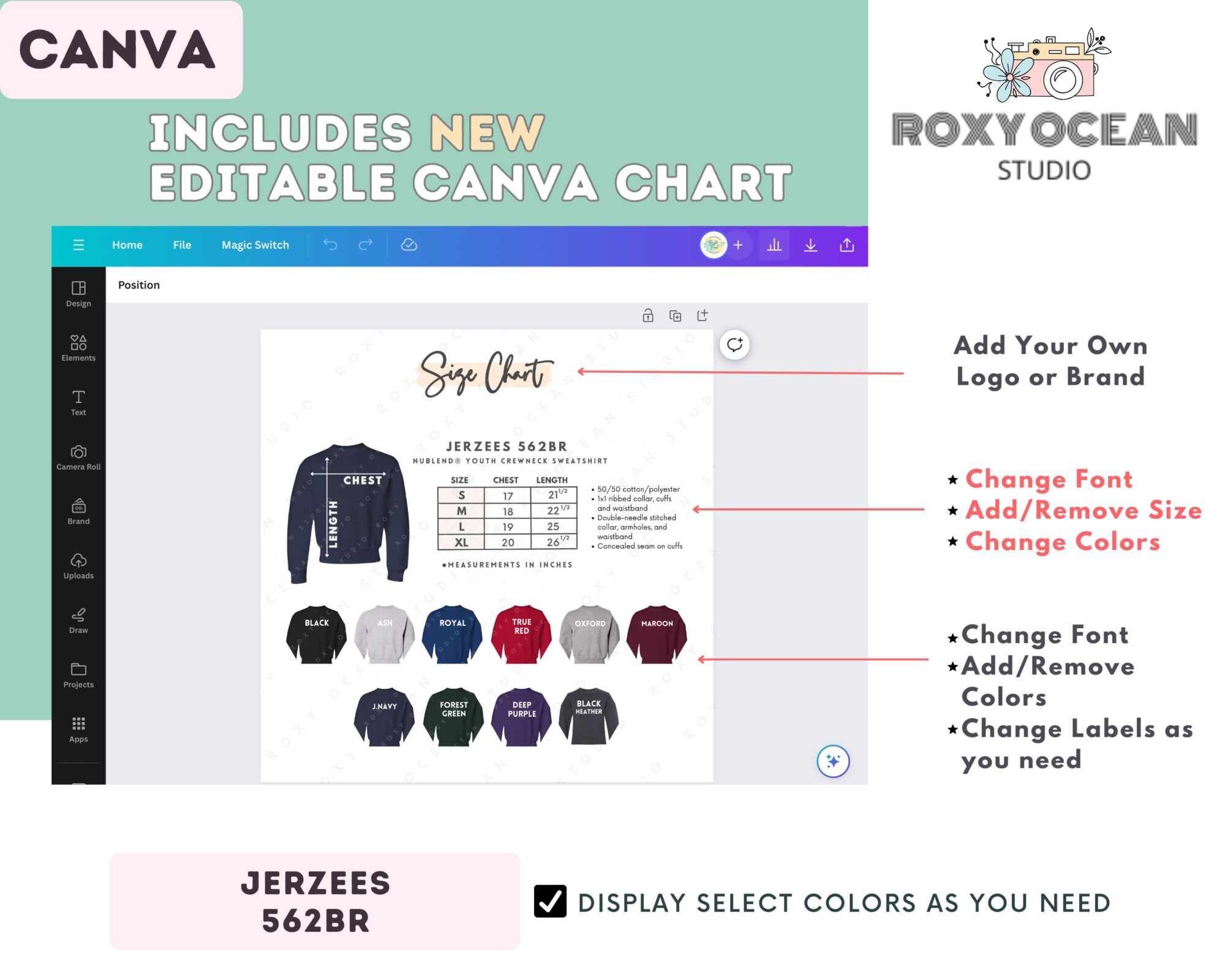 Editable Jerzees 562BR Size + Color Chart - Image 2