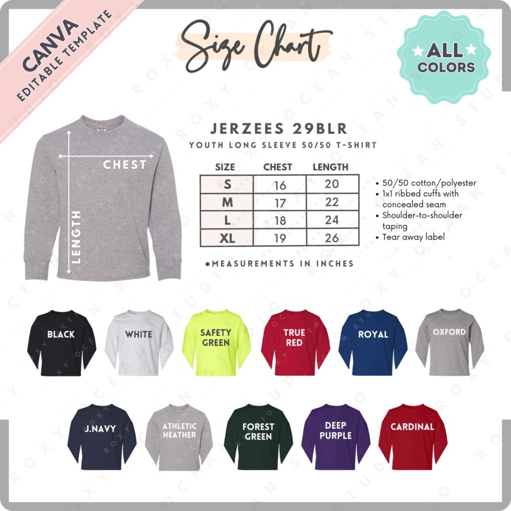 Editable Jerzees 29BLR Size + Color Chart