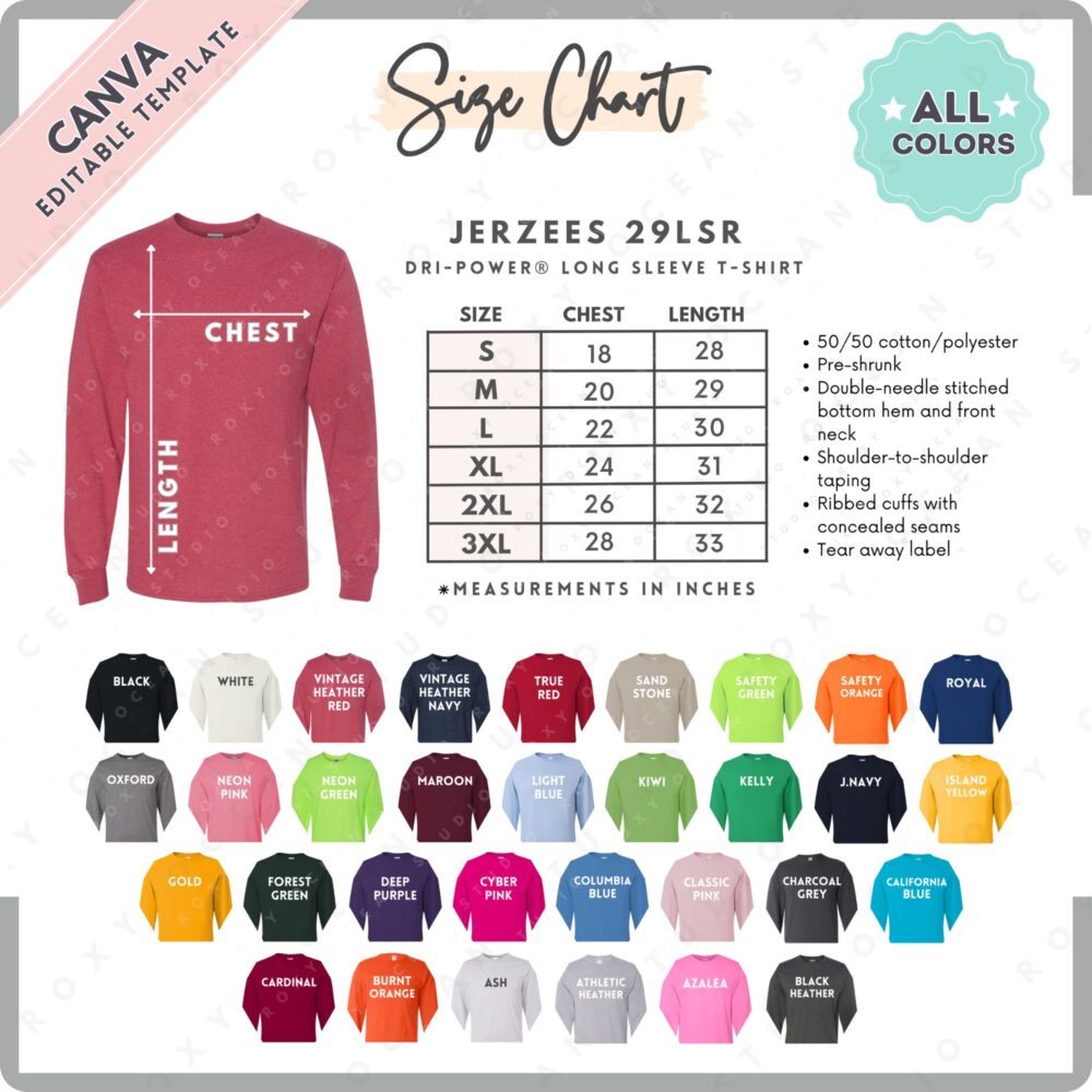 Editable Jerzees 29LSR Size + Color Chart