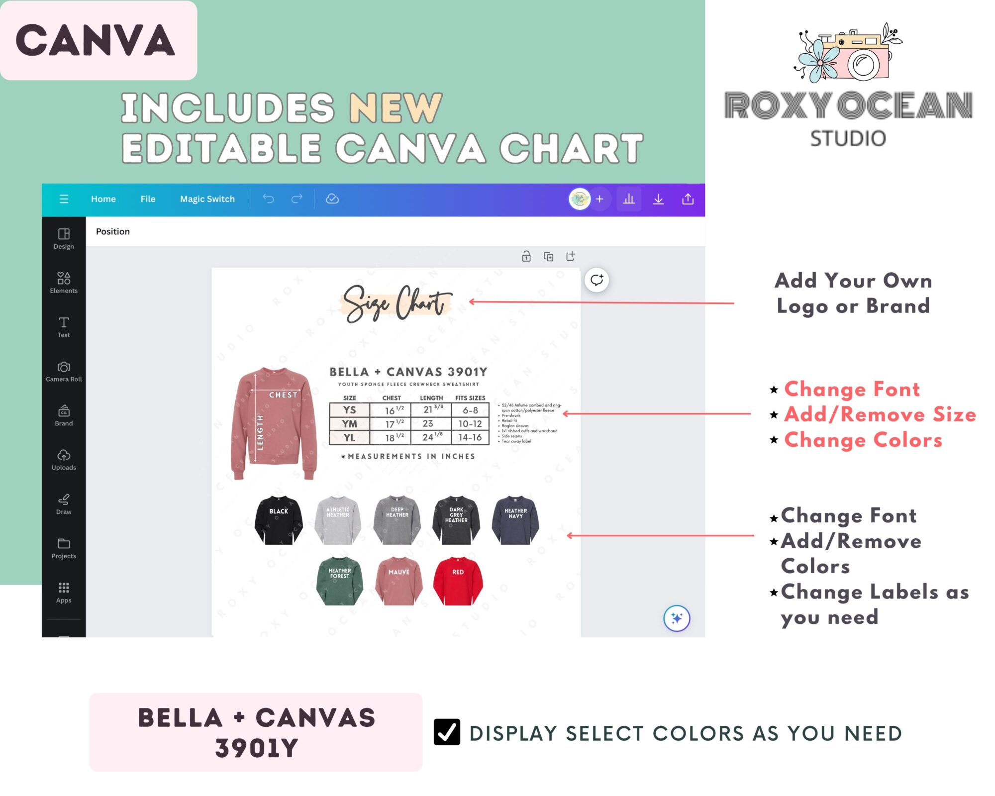 Editable Bella Canvas 3901Y Size + Color Chart - Image 2