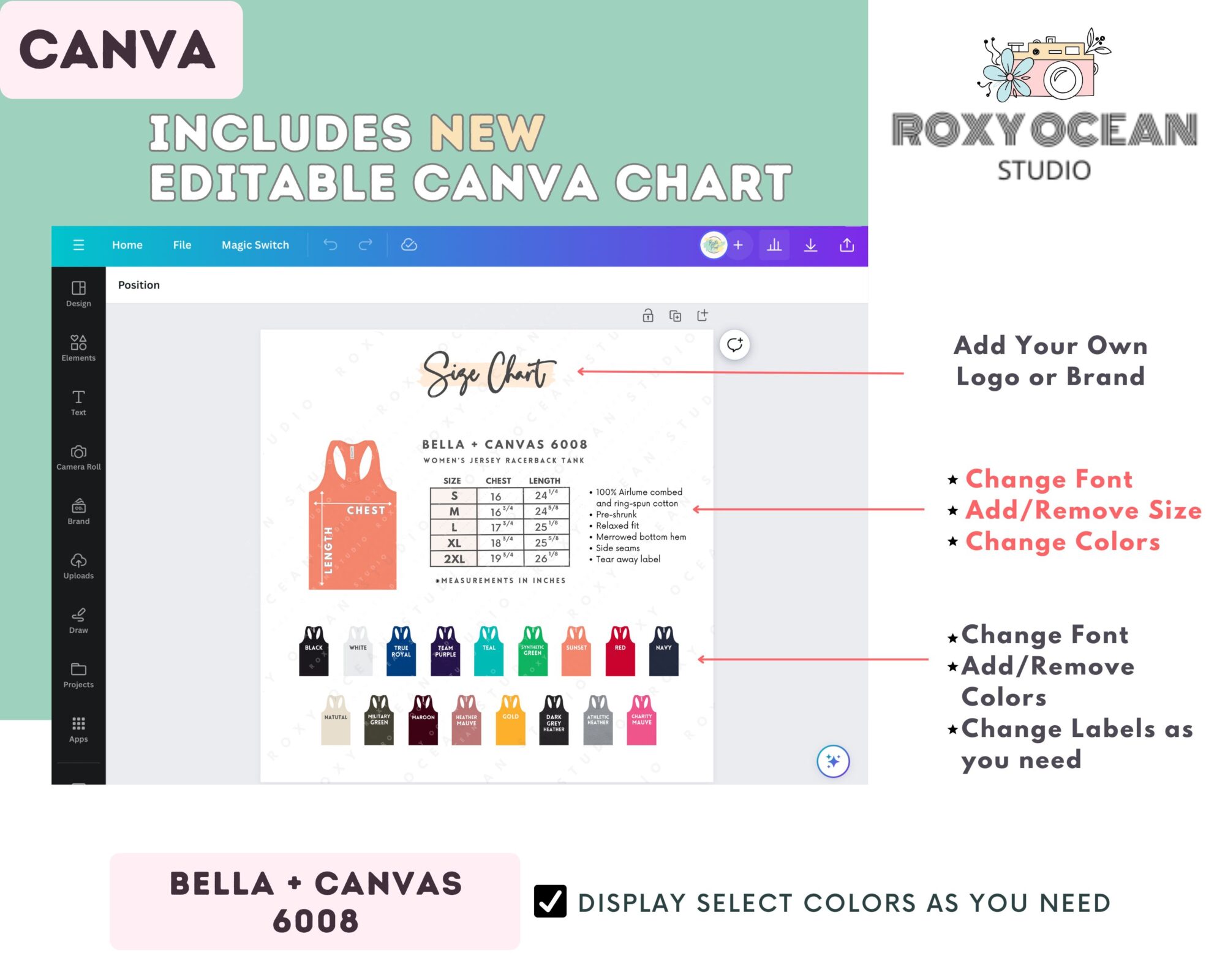 Editable Bella Canvas 6008 Size + Color Chart - Image 2