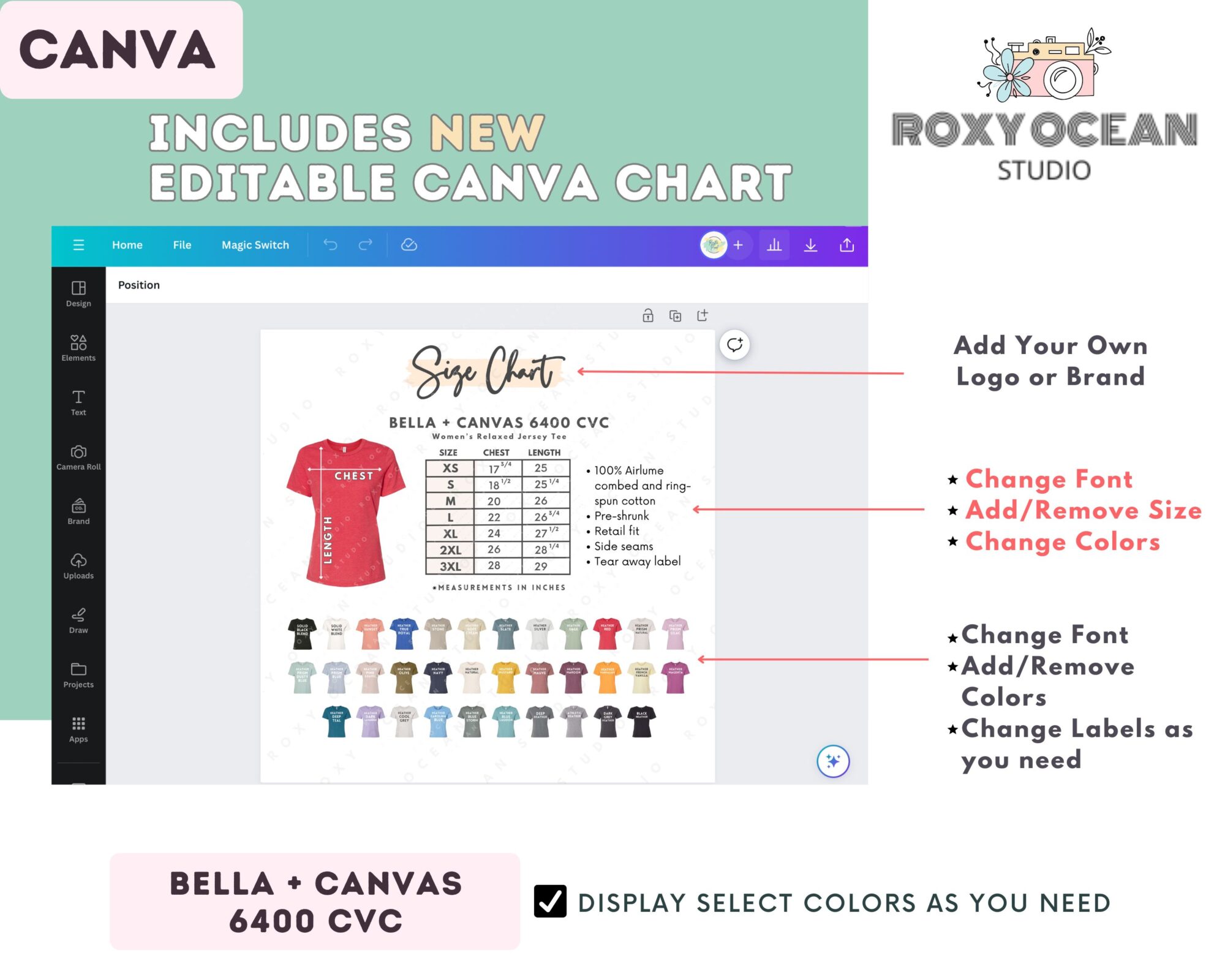 Editable Bella Canvas 6400 CVC  Size + Color Chart - Image 2