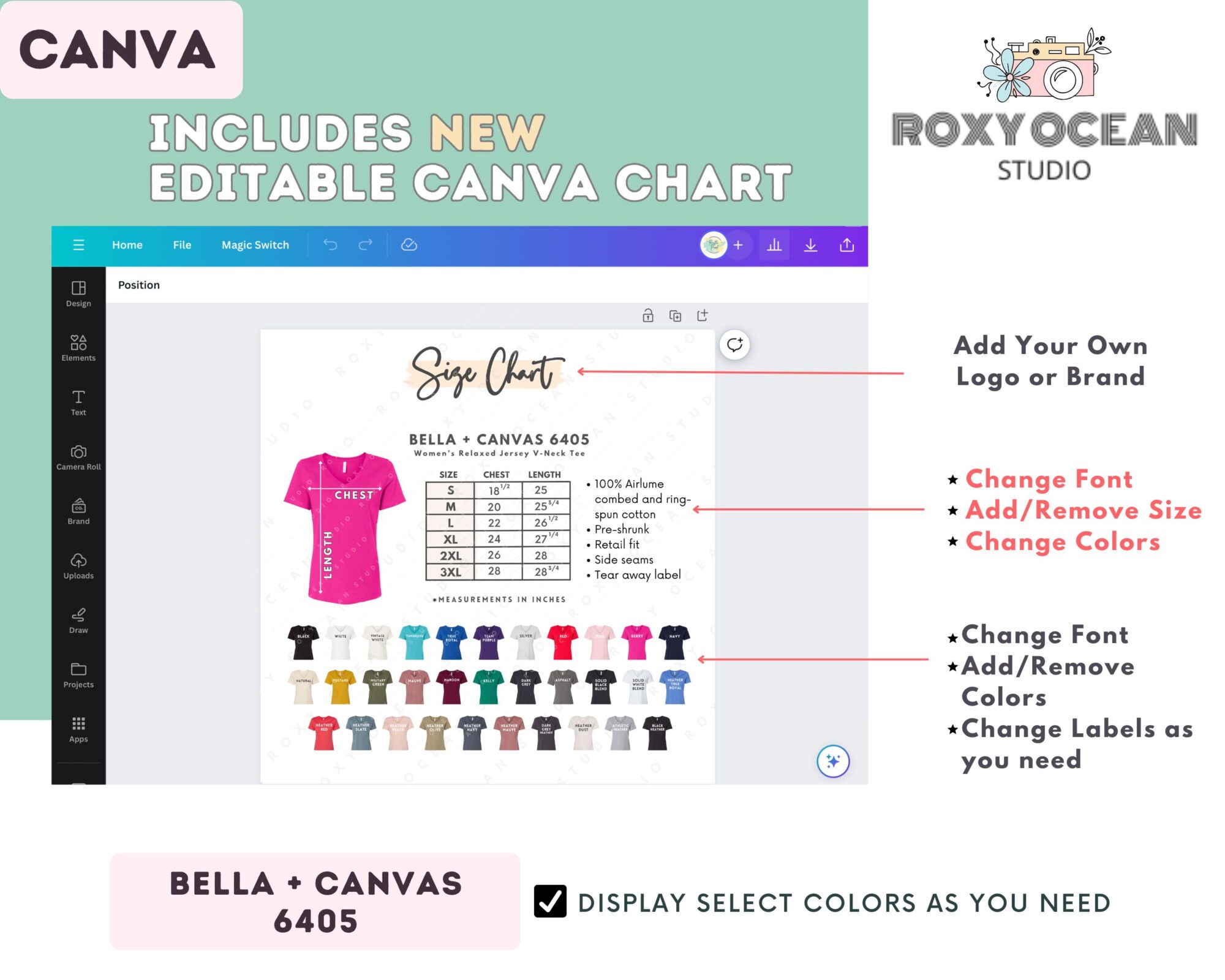 Editable Bella Canvas 6405 Size + Color Chart - Image 2