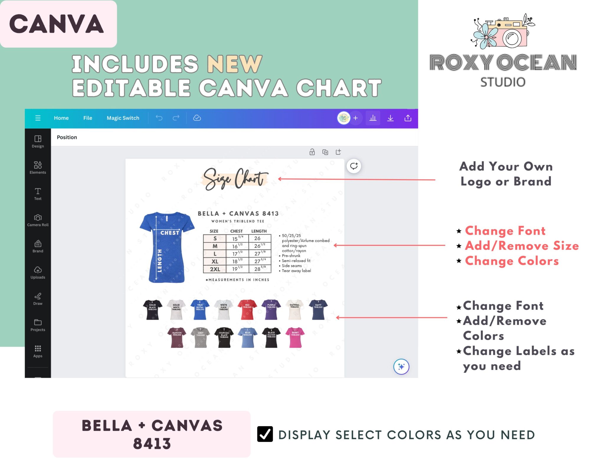 Editable Bella Canvas 8413 Size + Color Chart - Image 2