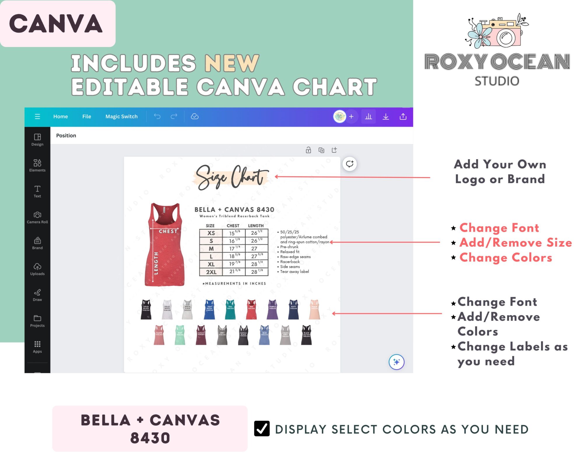 Editable Bella Canvas 8430 Size + Color Chart - Image 2