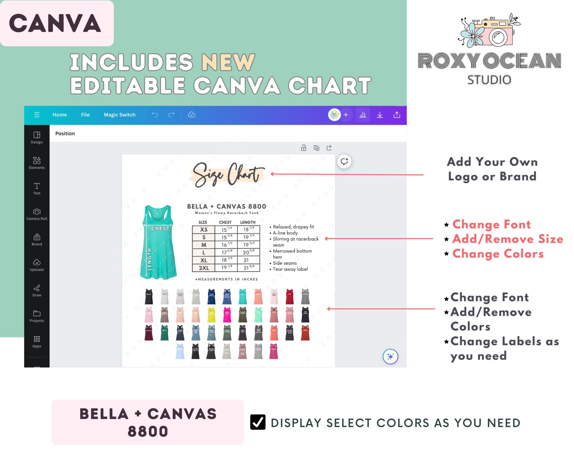 Editable Bella Canvas 8800 Size + Color Chart - Image 2