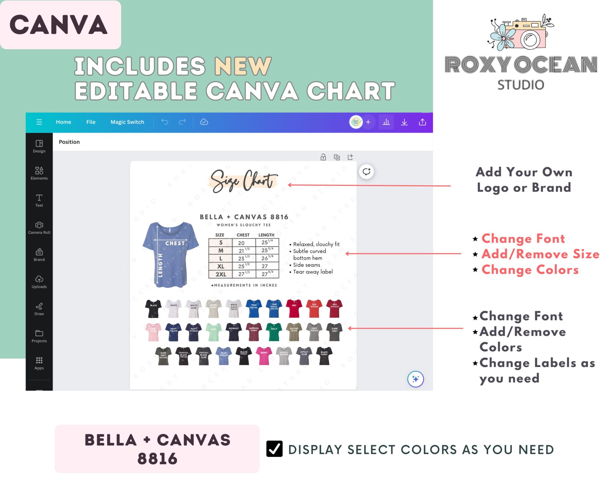 Editable Bella Canvas 8816 Size + Color Chart - Image 2