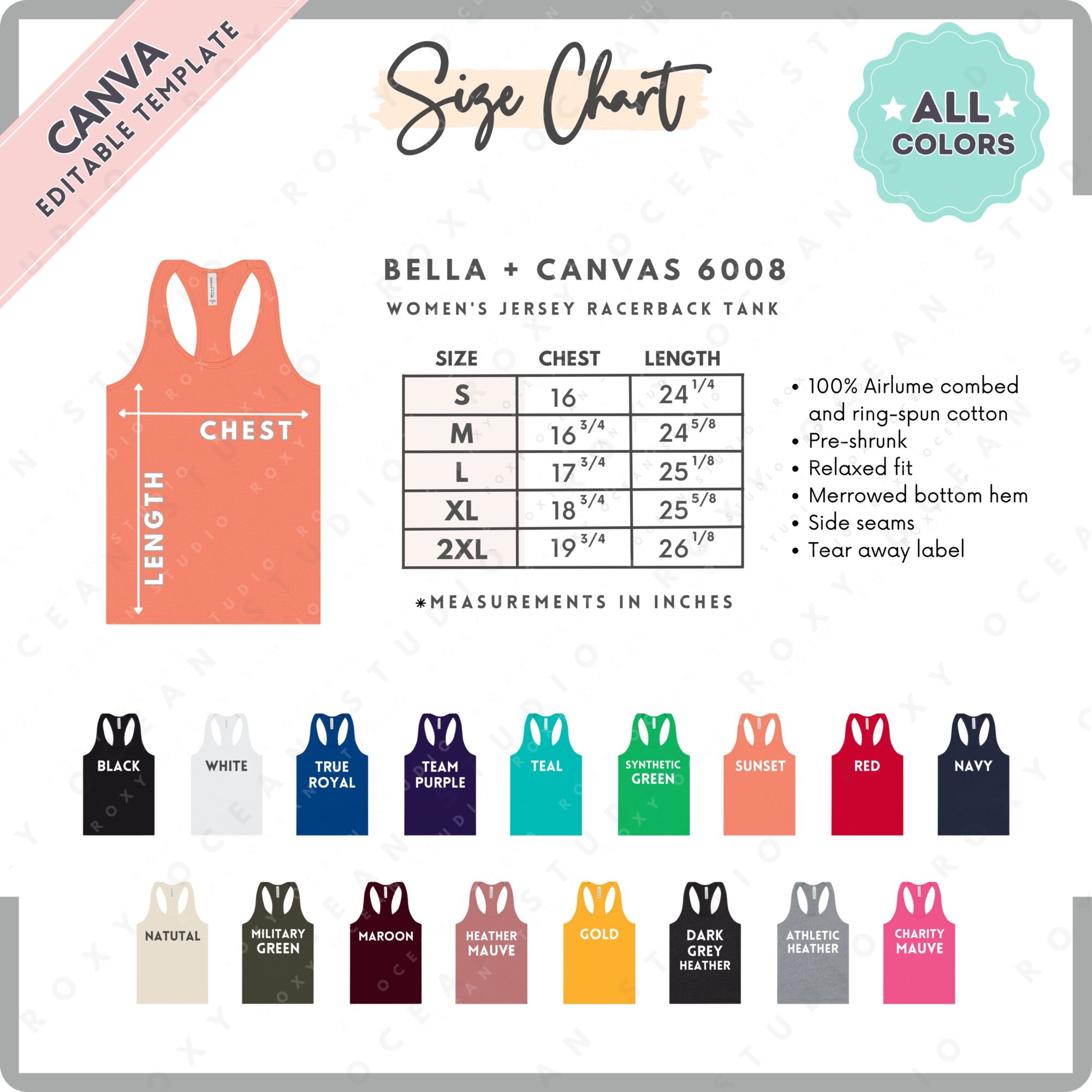 Editable Bella Canvas 6008 Size + Color Chart