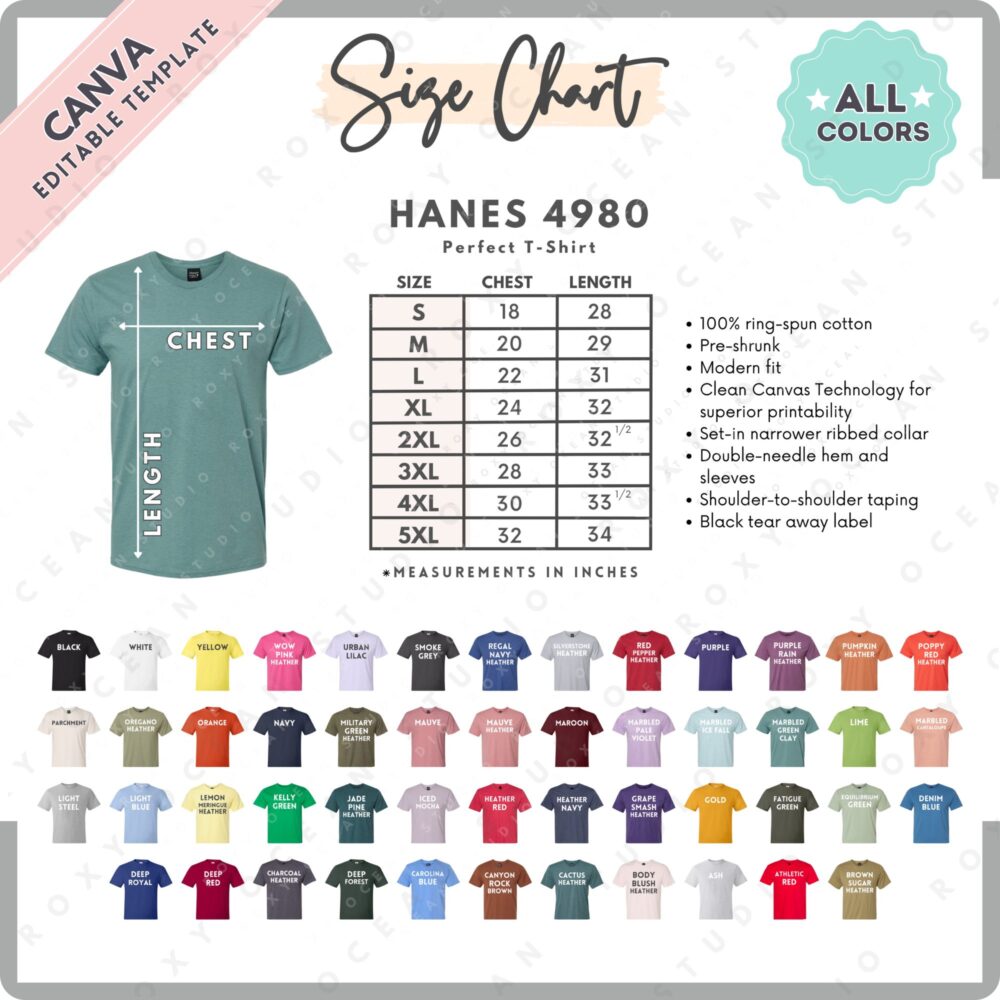 Editable Hanes 4980 Size + Color Chart