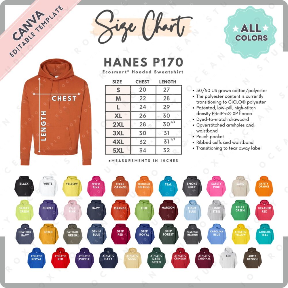 Editable Hanes P170 Size + Color Chart