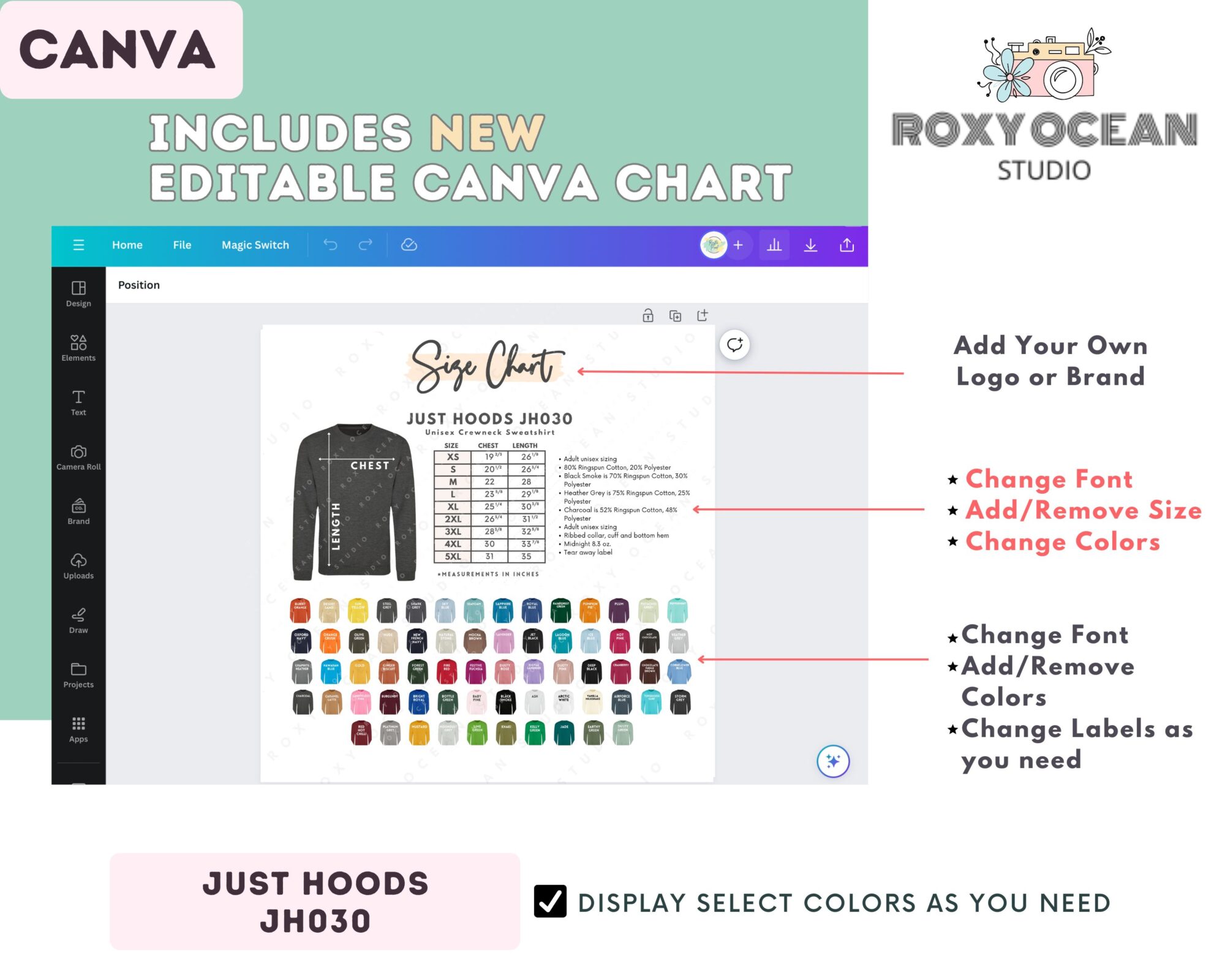 Editable Just Hoods JH030 Size + Color Chart - Image 2